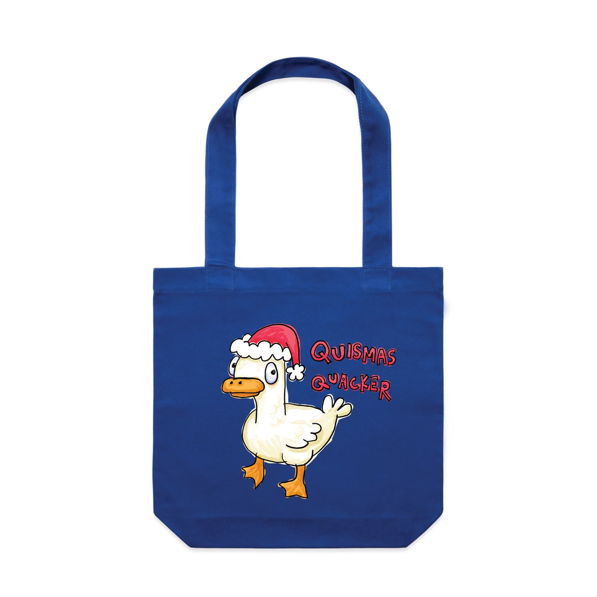 Royal Blue carrie tote with Quismas Quacker Tote graphic by Lonely Kids Club