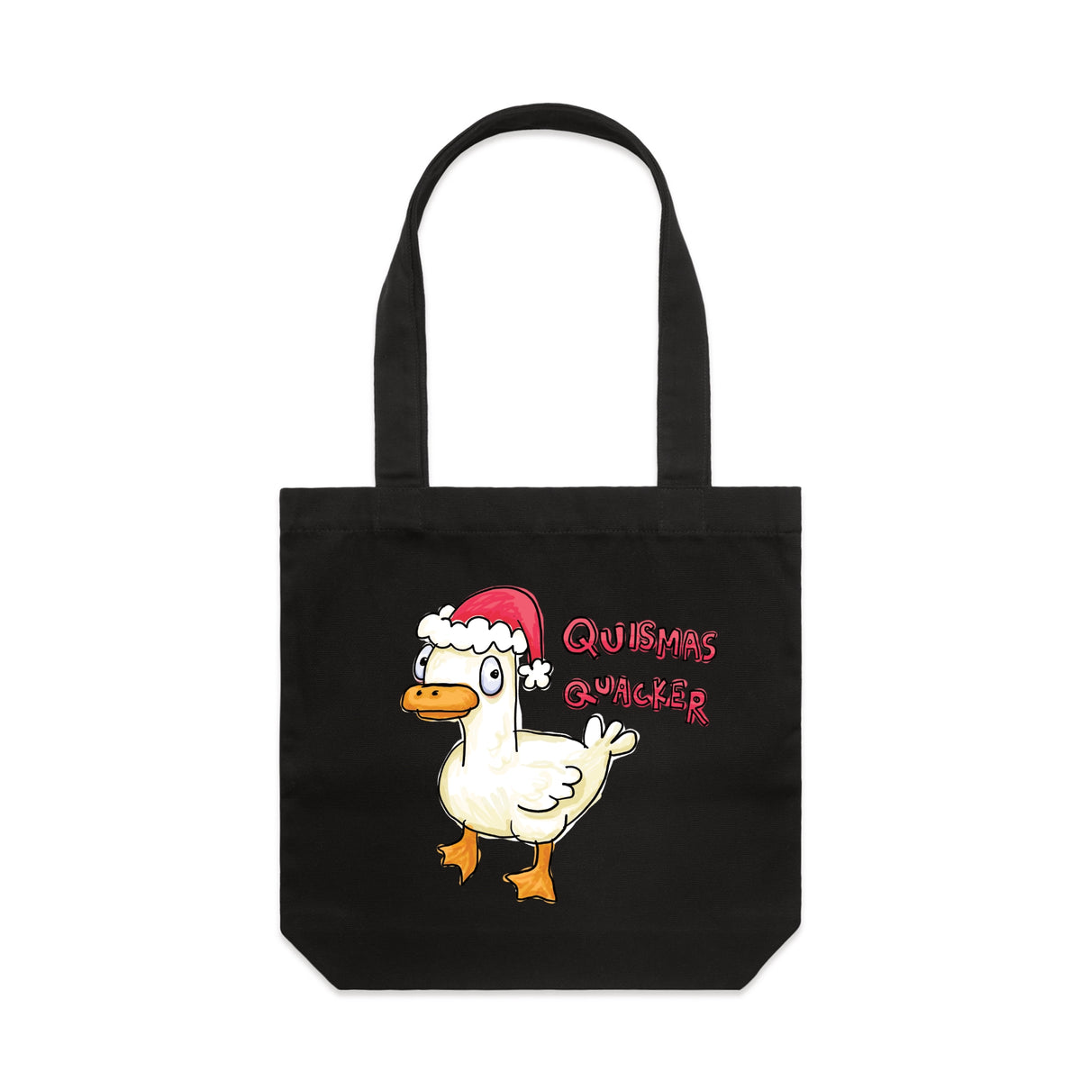 Black carrie tote with Quismas Quacker Tote graphic by Lonely Kids Club