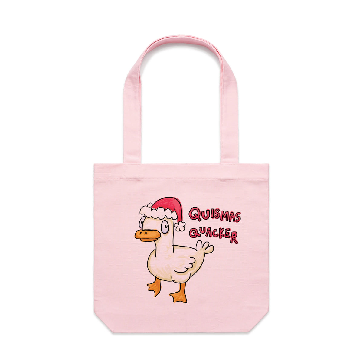 Pink carrie tote with Quismas Quacker Tote graphic by Lonely Kids Club