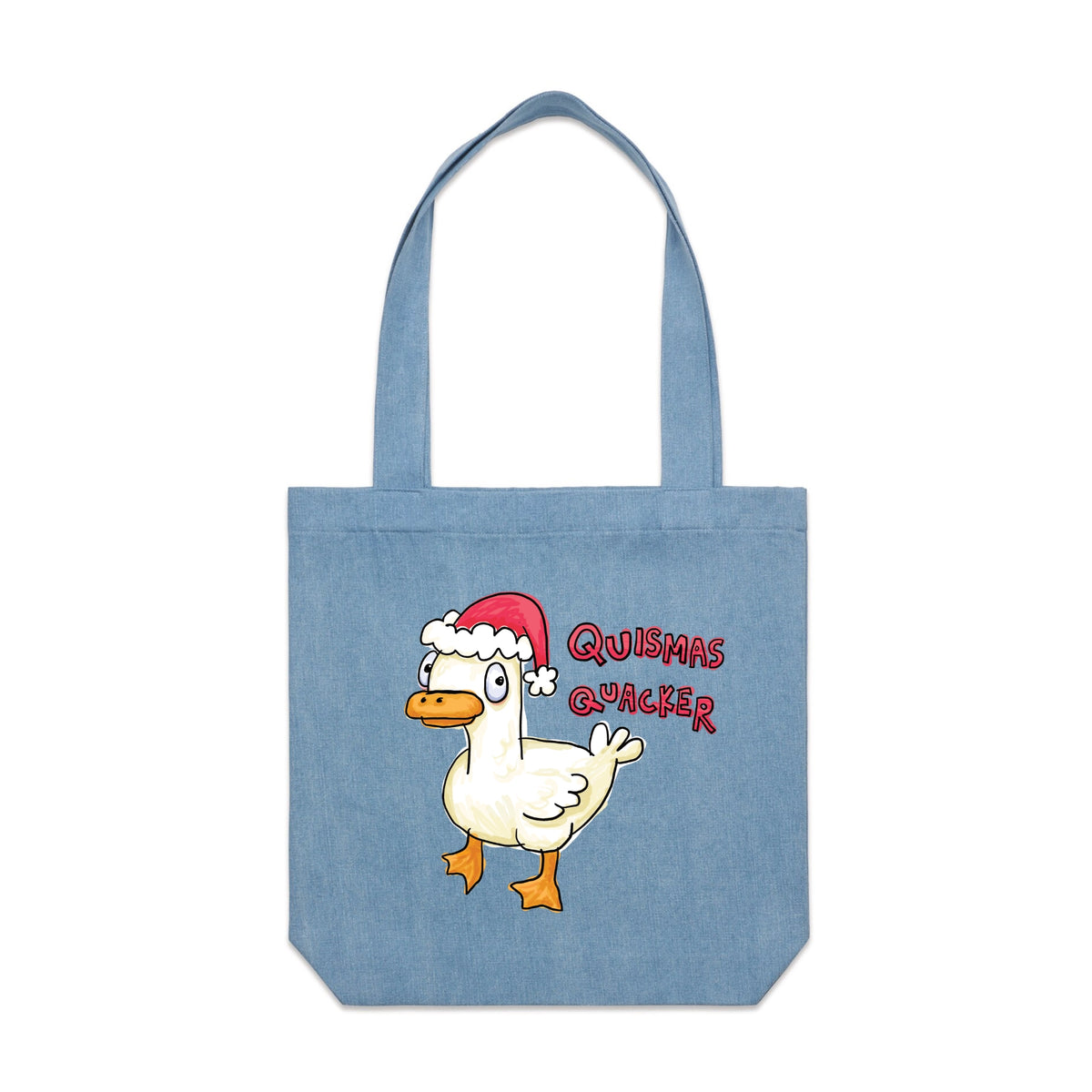 Denim carrie tote with Quismas Quacker Tote graphic by Lonely Kids Club