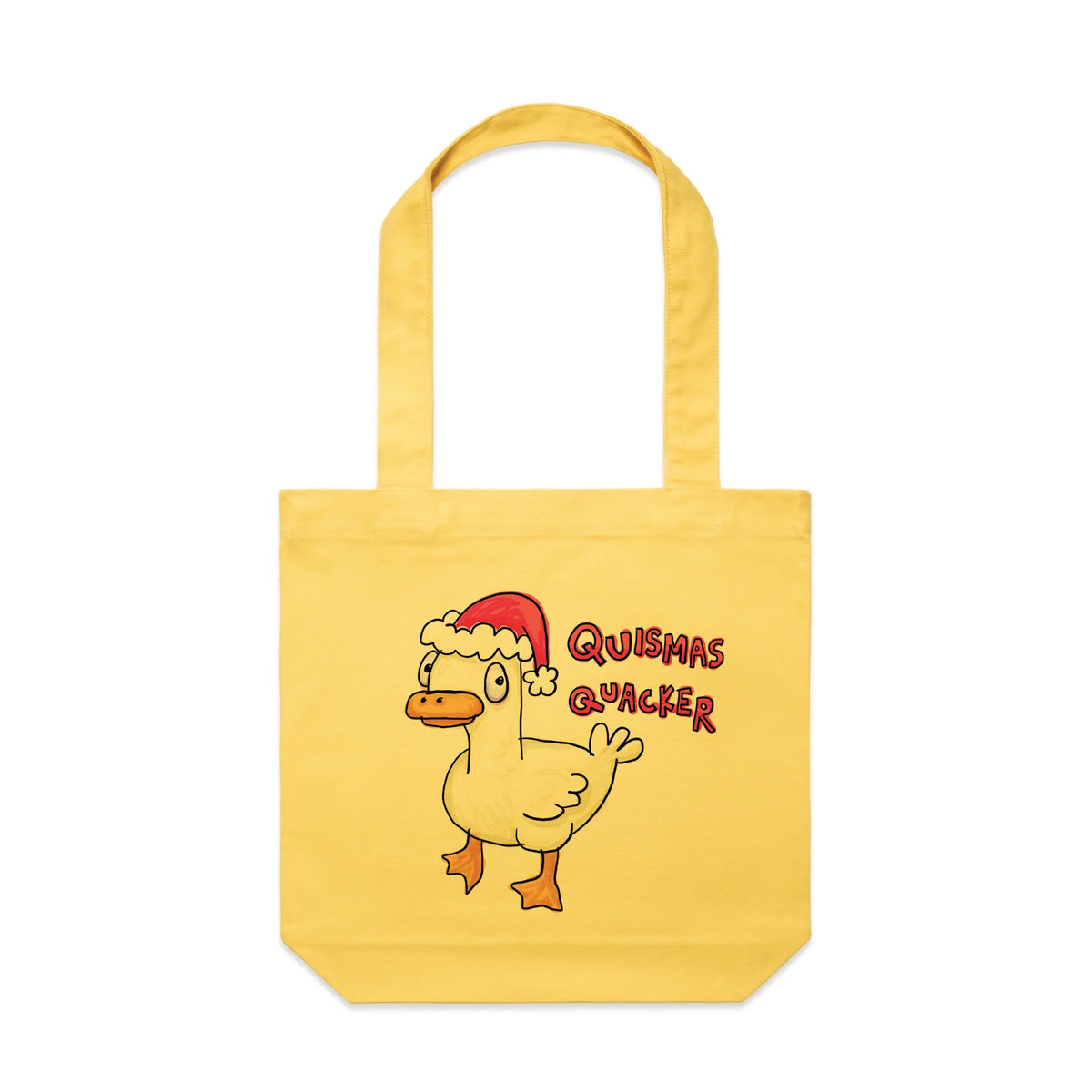 Yellow carrie tote with Quismas Quacker Tote graphic by Lonely Kids Club