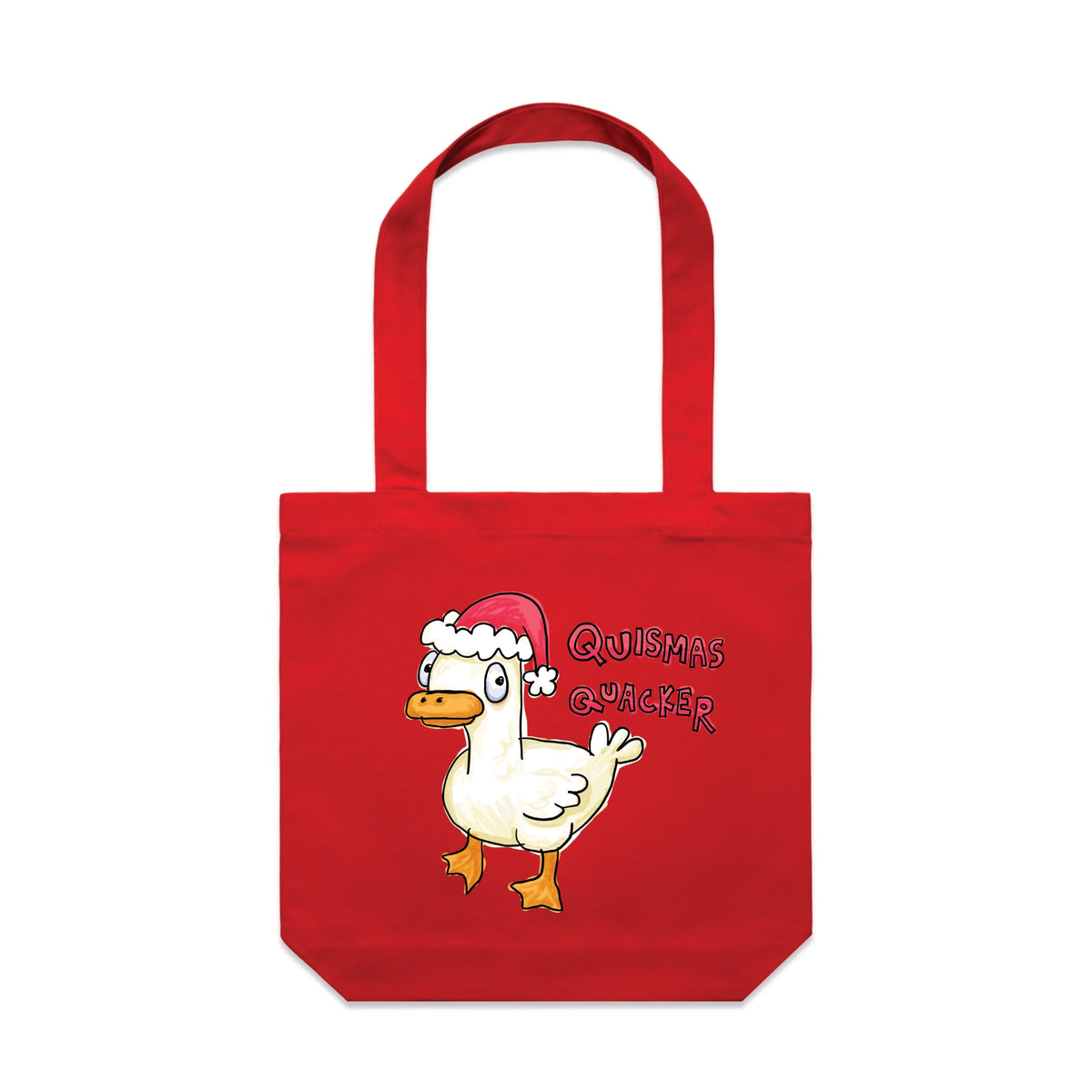 Red carrie tote with Quismas Quacker Tote graphic by Lonely Kids Club
