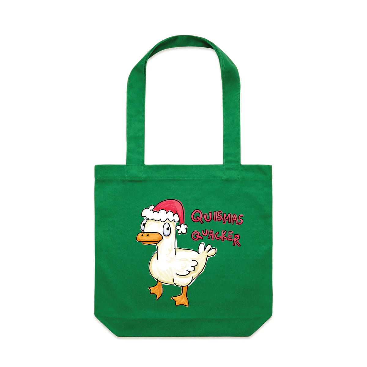 Green carrie tote with Quismas Quacker Tote graphic by Lonely Kids Club