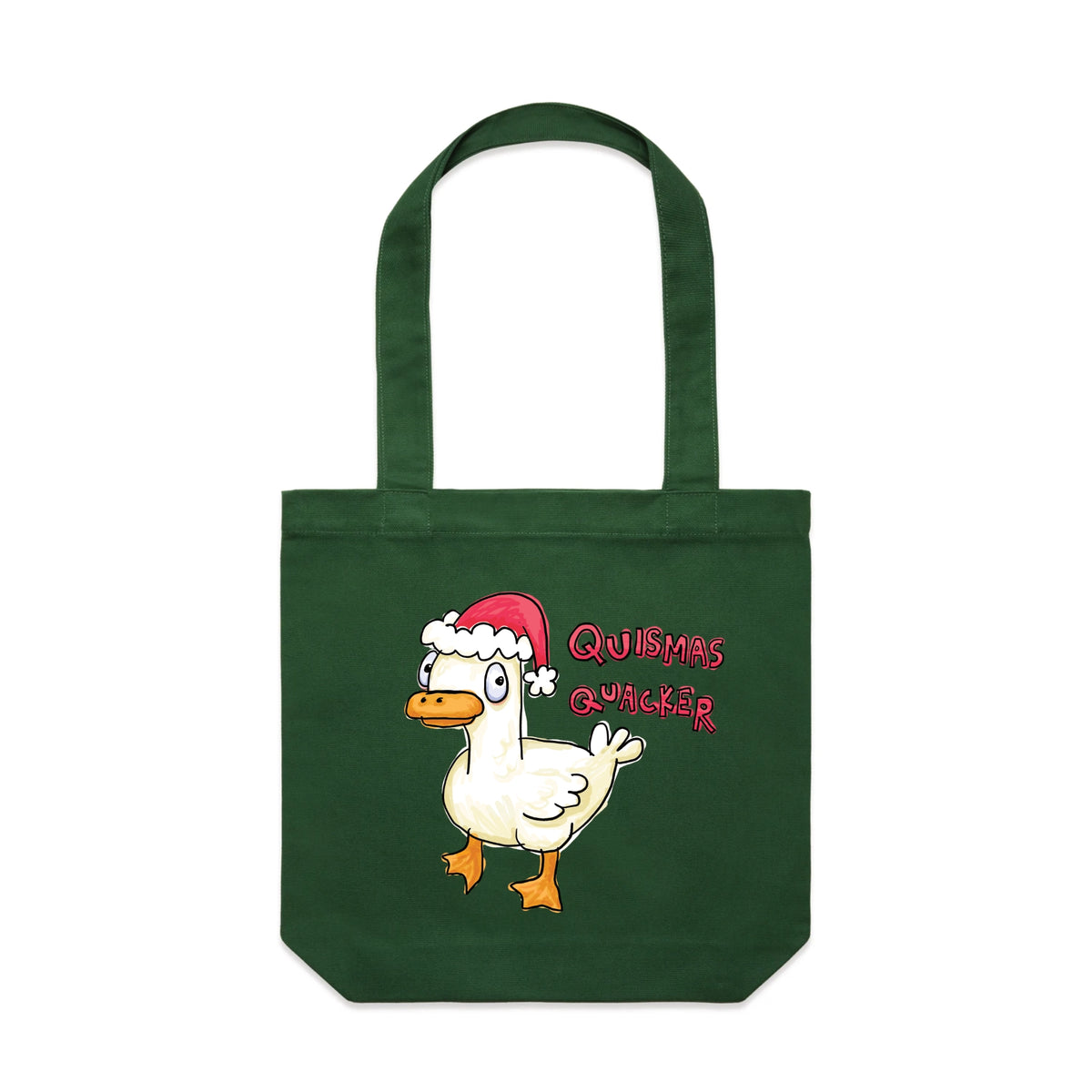 Forest Green carrie tote with Quismas Quacker Tote graphic by Lonely Kids Club