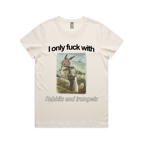 Rabbits and Trumpets Tee by Lonely Kids Club. All clothing from our T-shirts to our shorts and hoodies are ethically made, and printed packed and shipped from Sydney.