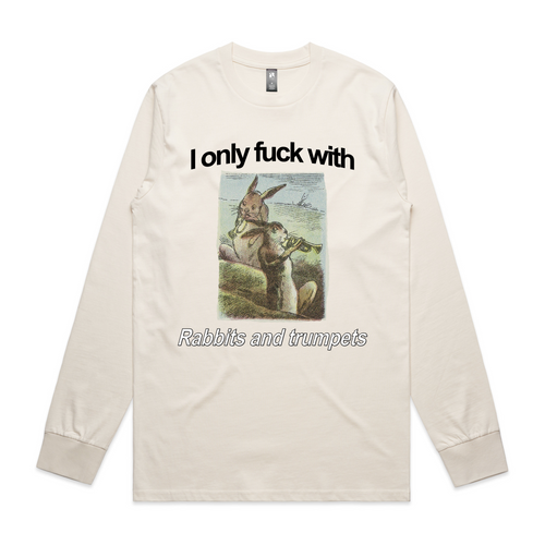 Rabbits and Trumpets Tee by Lonely Kids Club. All clothing from our T-shirts to our shorts and hoodies are ethically made, and printed packed and shipped from Sydney.