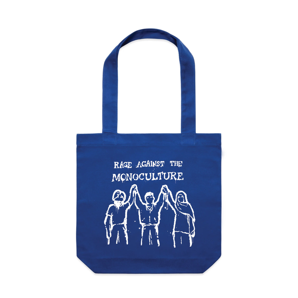 Royal Blue carrie tote with Rage Against The Monoculture Tote graphic by Lonely Kids Club