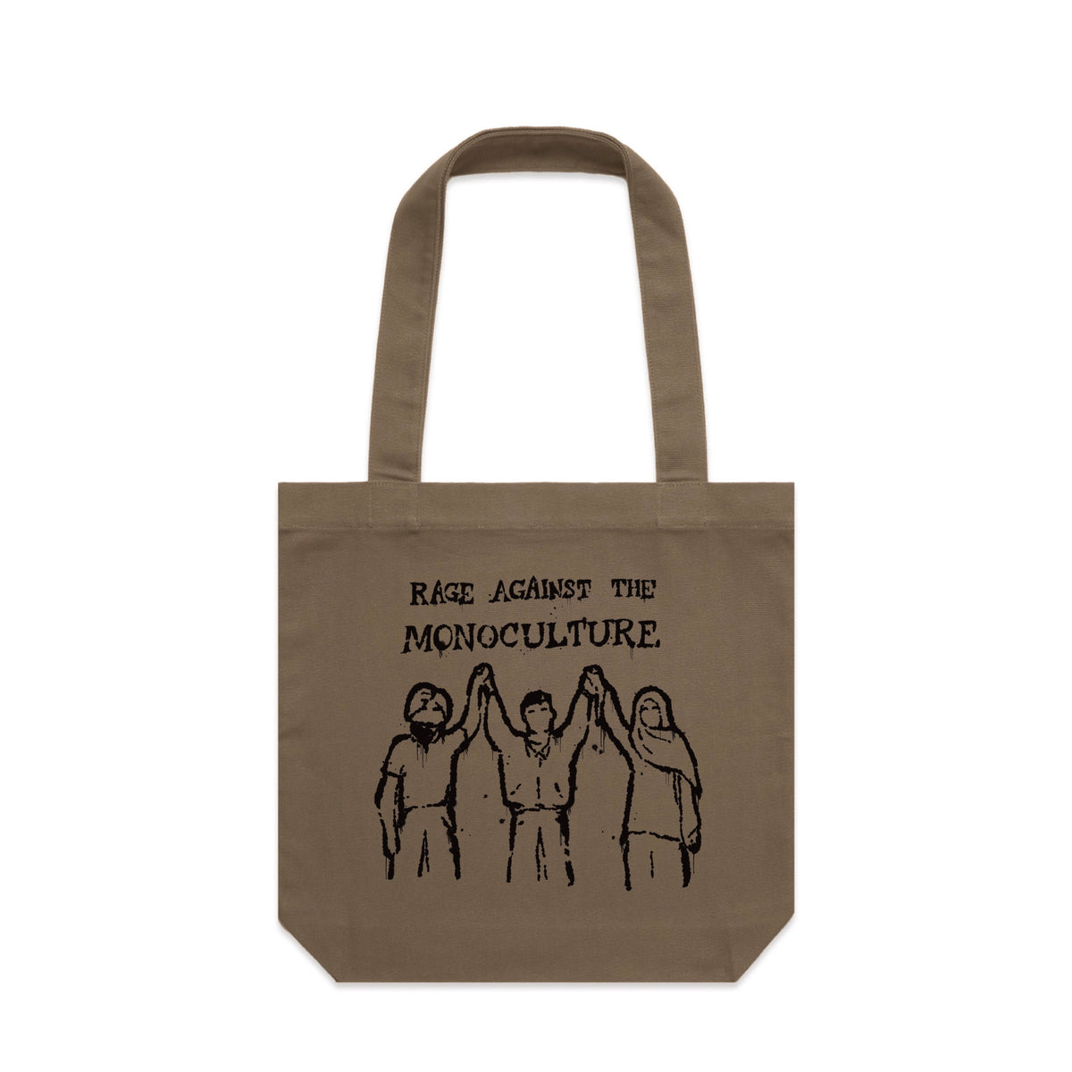 Walnut carrie tote with Rage Against The Monoculture Tote graphic by Lonely Kids Club