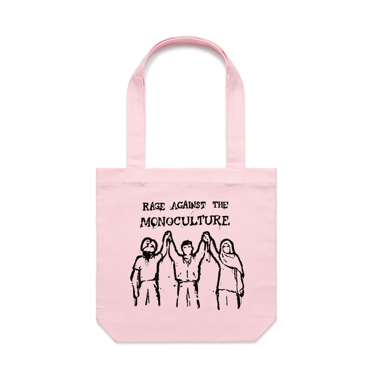 Pink carrie tote with Rage Against The Monoculture Tote graphic by Lonely Kids Club