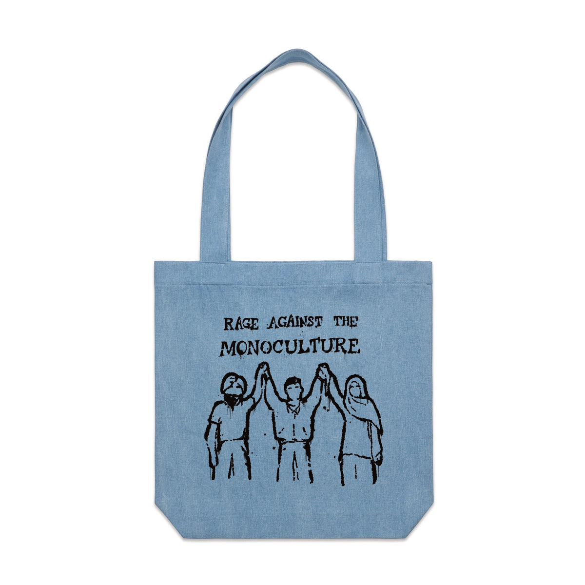Denim carrie tote with Rage Against The Monoculture Tote graphic by Lonely Kids Club