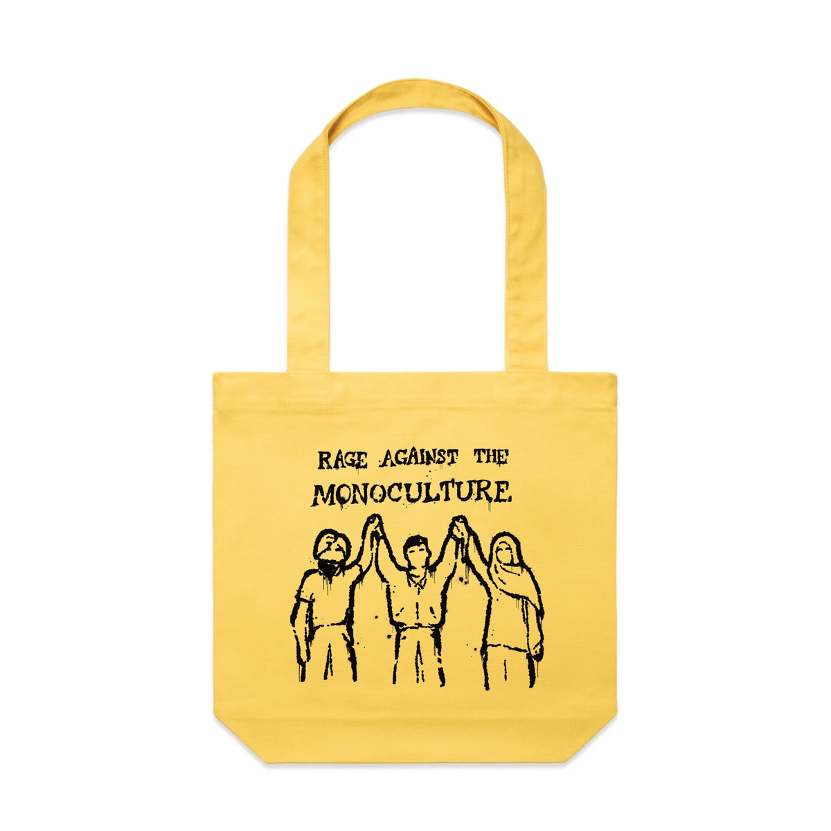 Yellow carrie tote with Rage Against The Monoculture Tote graphic by Lonely Kids Club