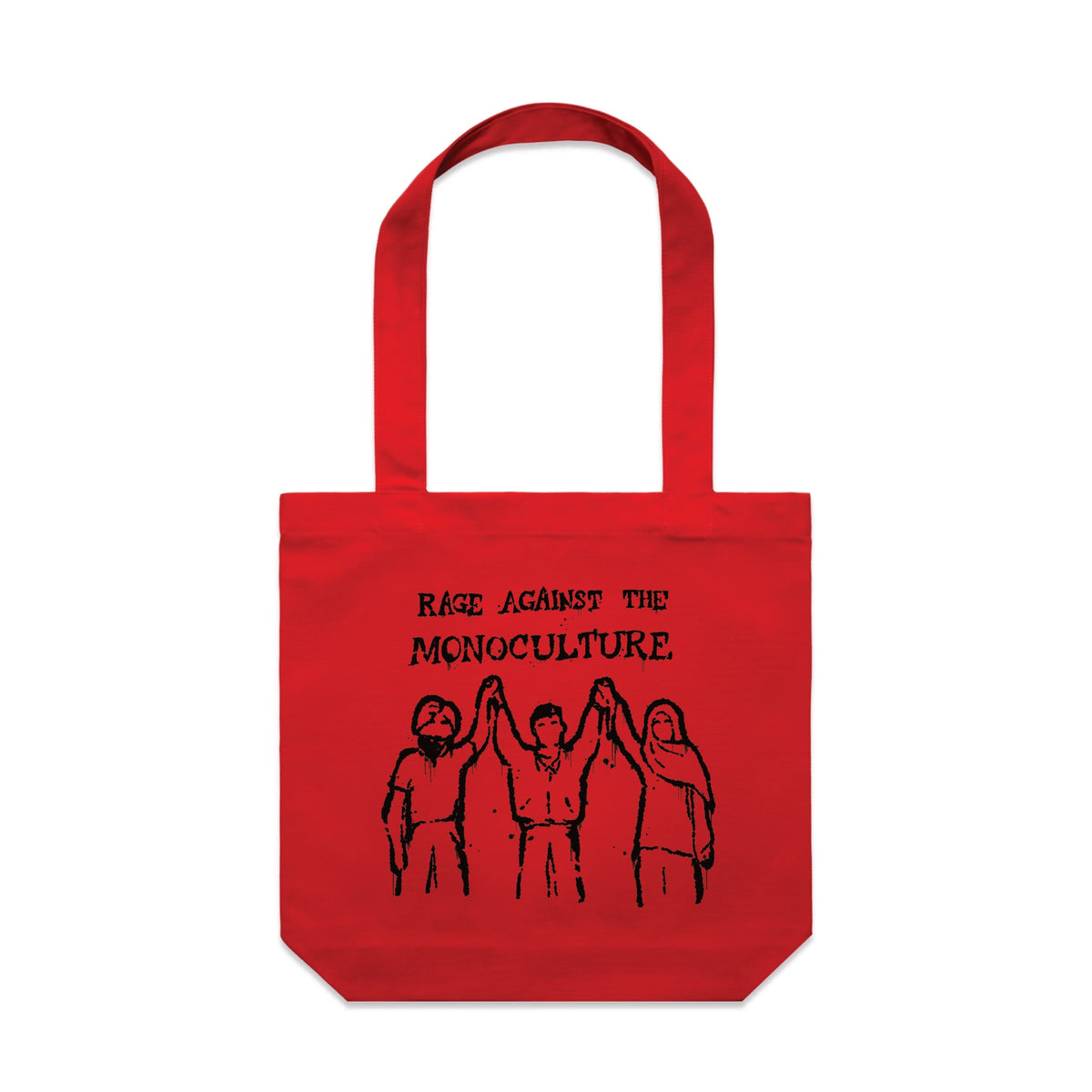 Red carrie tote with Rage Against The Monoculture Tote graphic by Lonely Kids Club