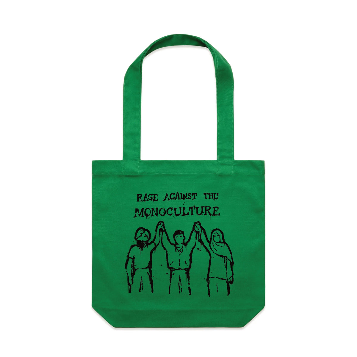 Green carrie tote with Rage Against The Monoculture Tote graphic by Lonely Kids Club