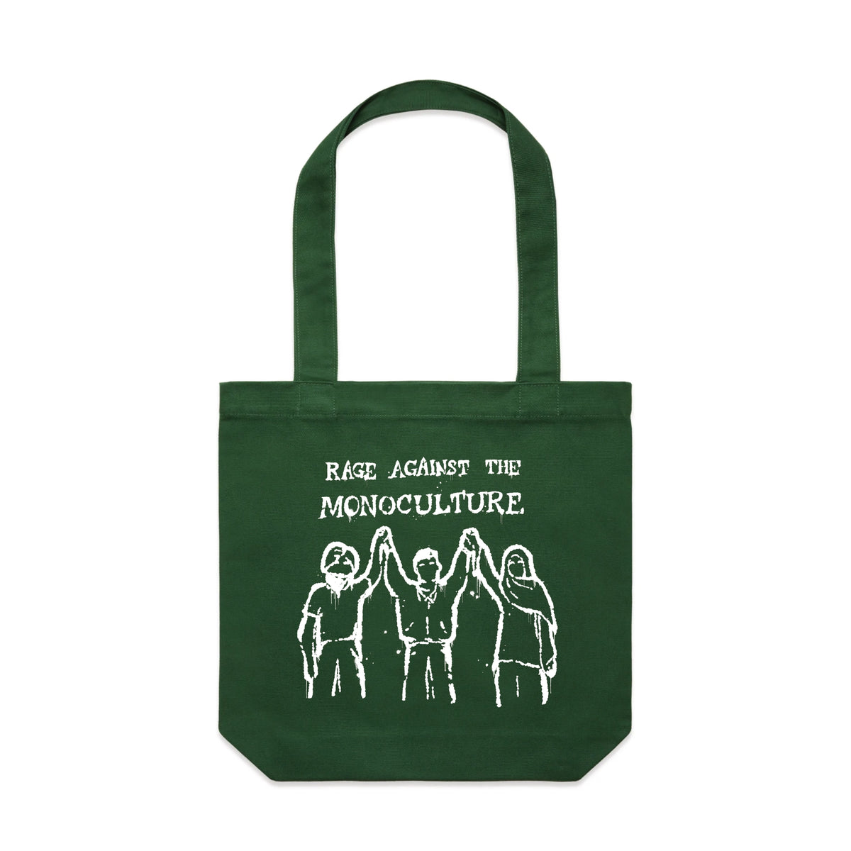 Forest Green carrie tote with Rage Against The Monoculture Tote graphic by Lonely Kids Club