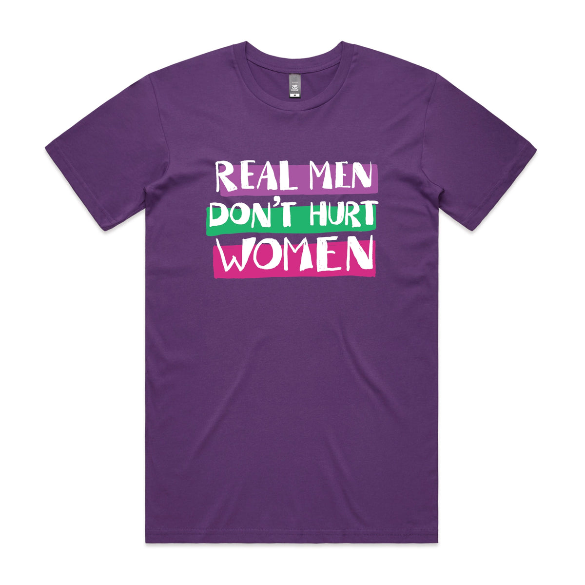 Purple unisex t-shirt with Real Men graphic by Lonely Kids Club