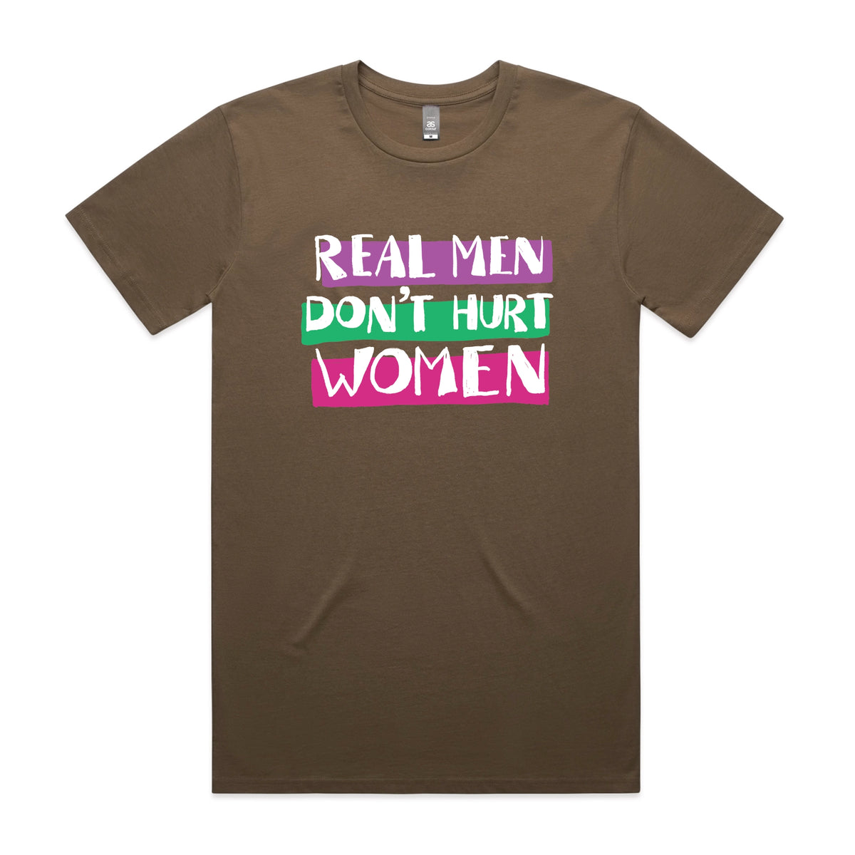 Walnut unisex t-shirt with Real Men graphic by Lonely Kids Club