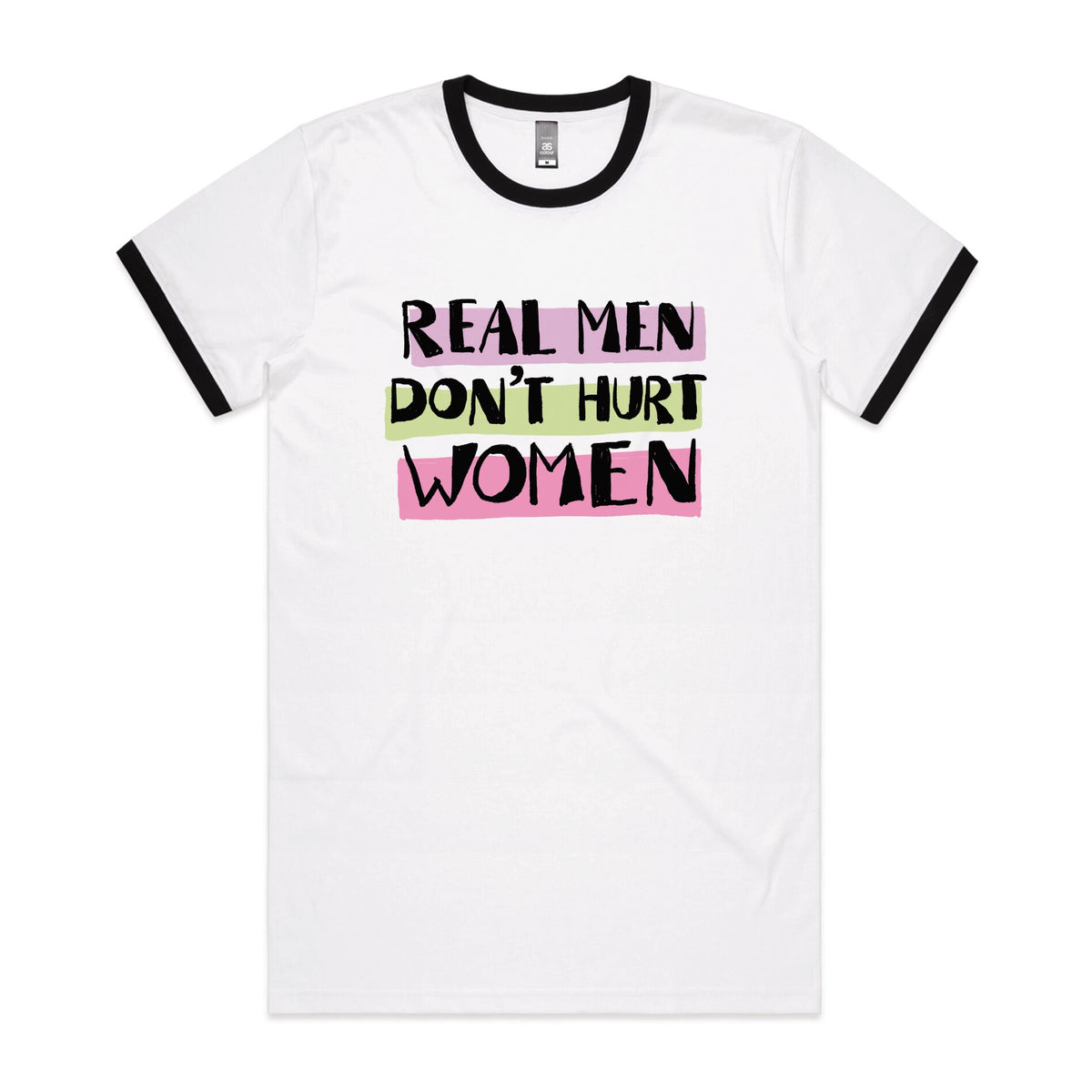 Black/White Ringer unisex t-shirt with Real Men graphic by Lonely Kids Club