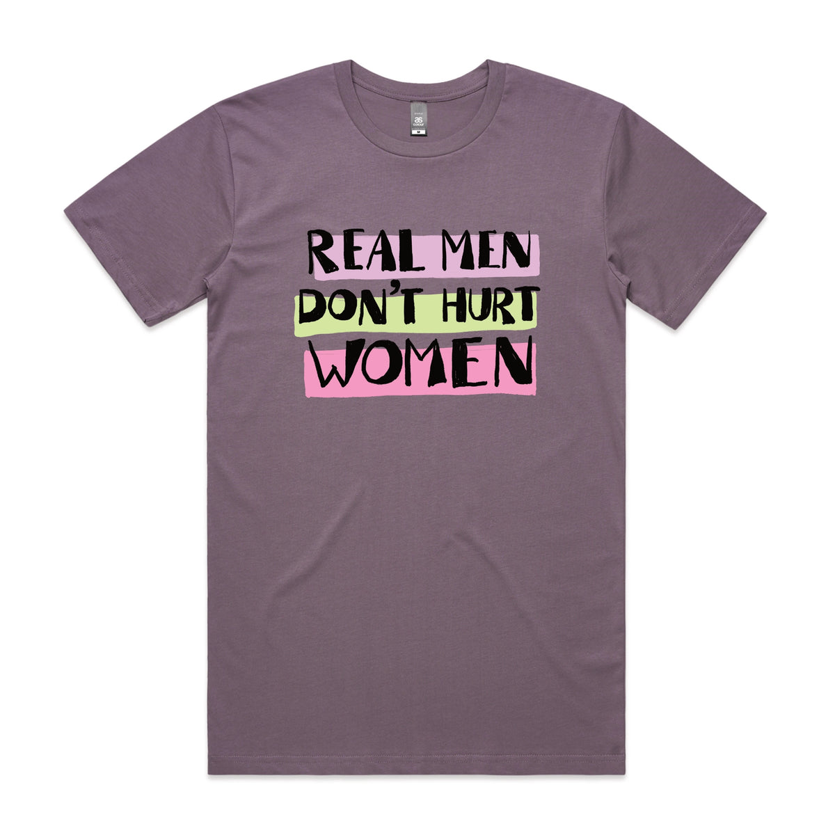 Mauve unisex t-shirt with Real Men graphic by Lonely Kids Club
