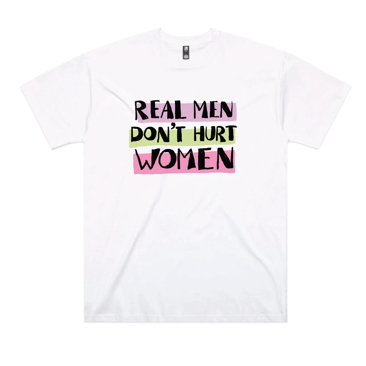White oversized t-shirt with Real Men graphic by Lonely Kids Club