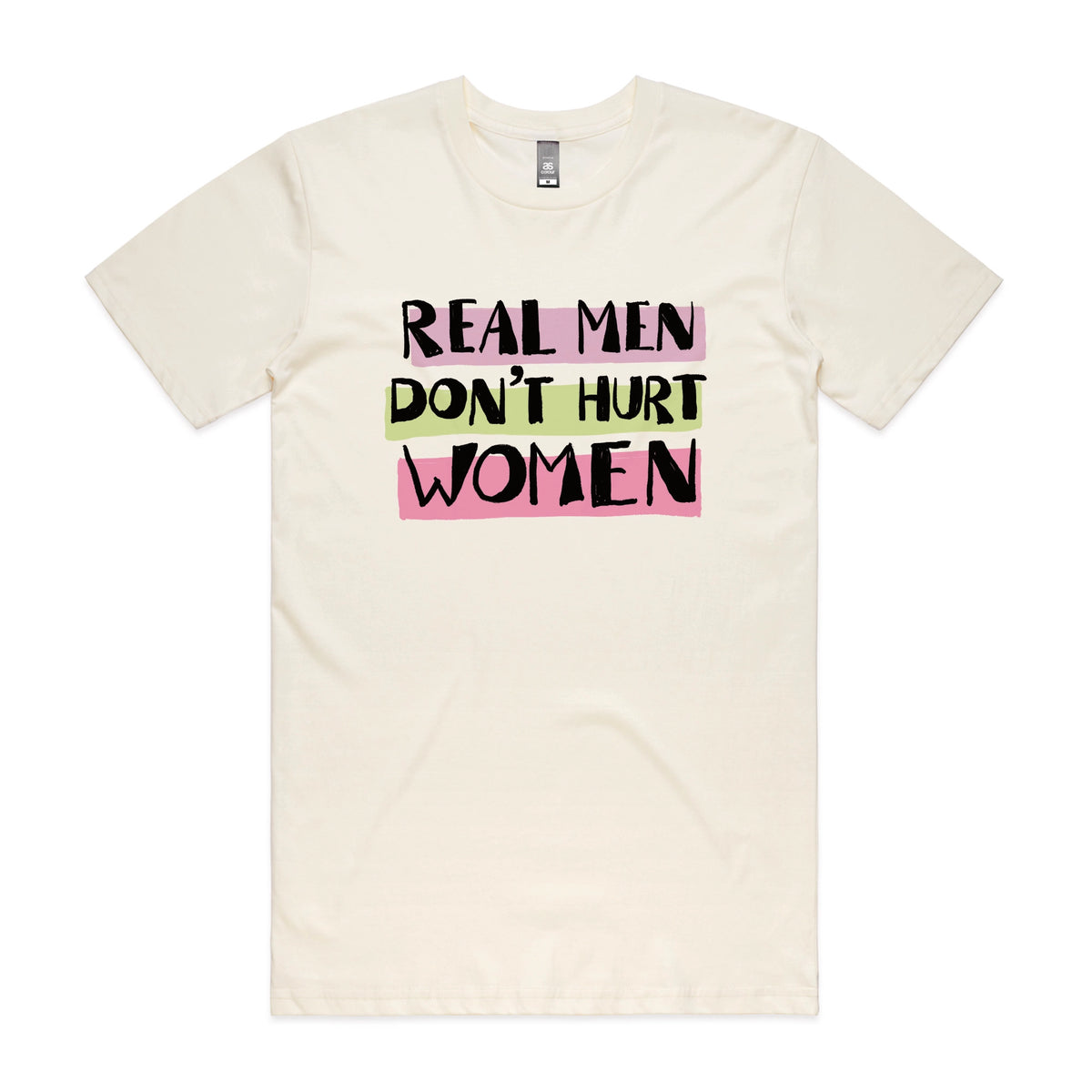 Ecru unisex t-shirt with Real Men graphic by Lonely Kids Club