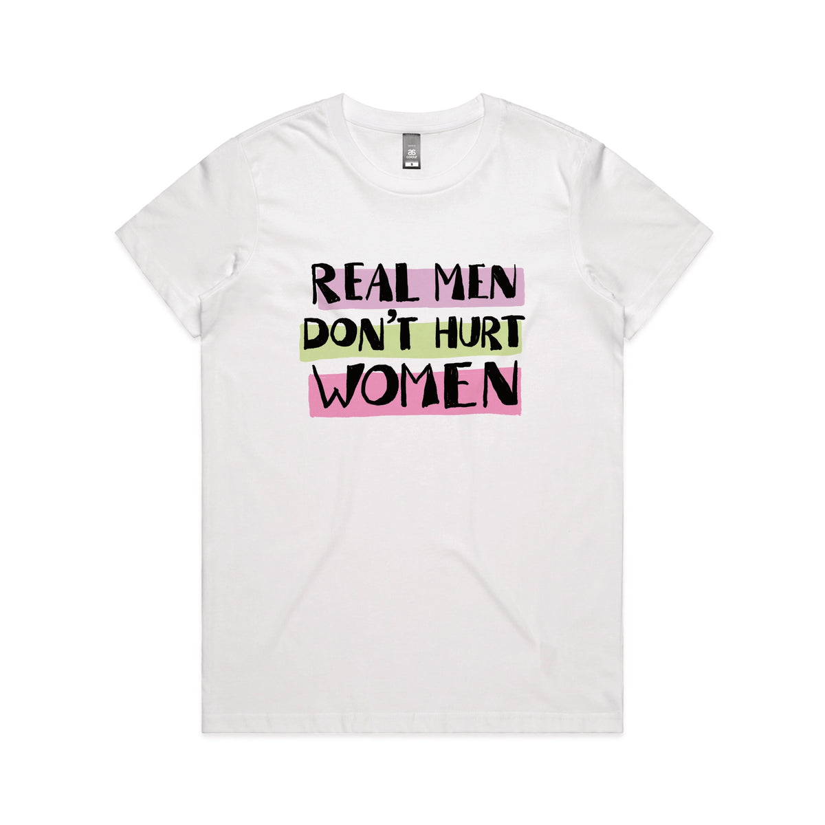 White fitted womens t-shirt with Real Men graphic by Lonely Kids Club