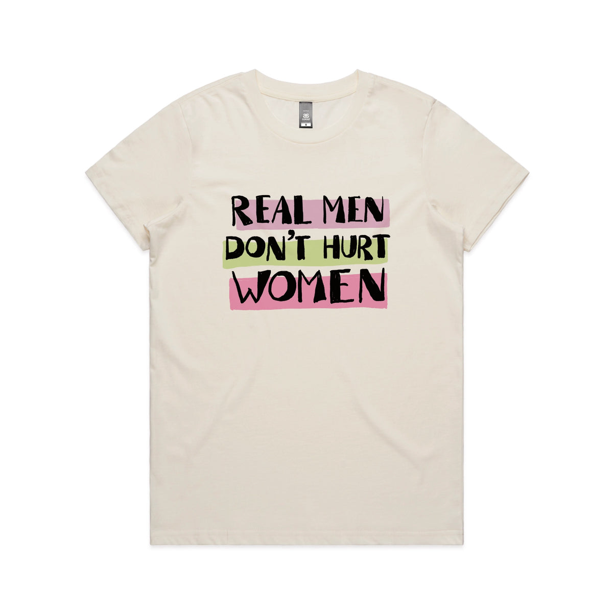 Ecru fitted womens t-shirt with Real Men graphic by Lonely Kids Club