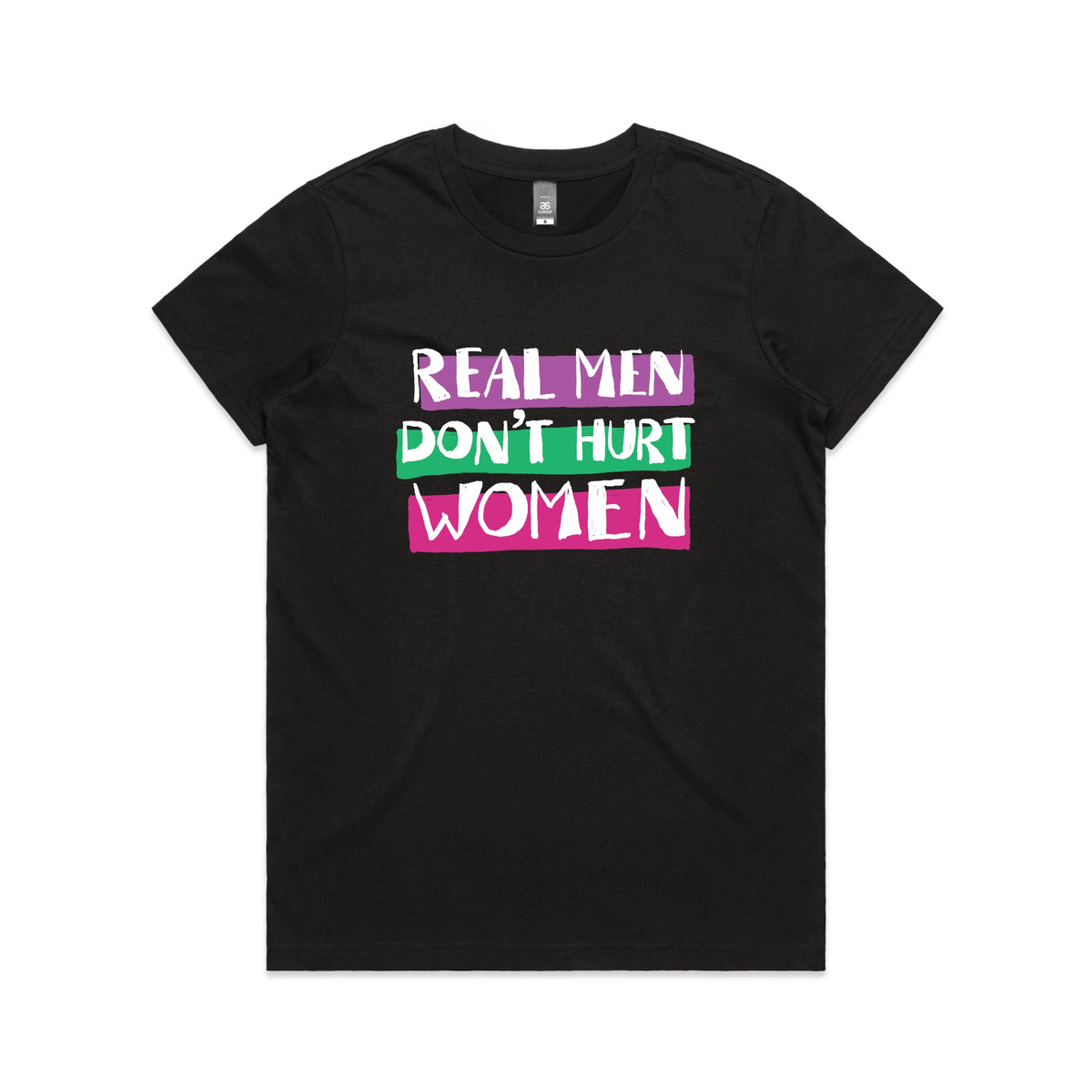 Black fitted womens t-shirt with Real Men graphic by Lonely Kids Club