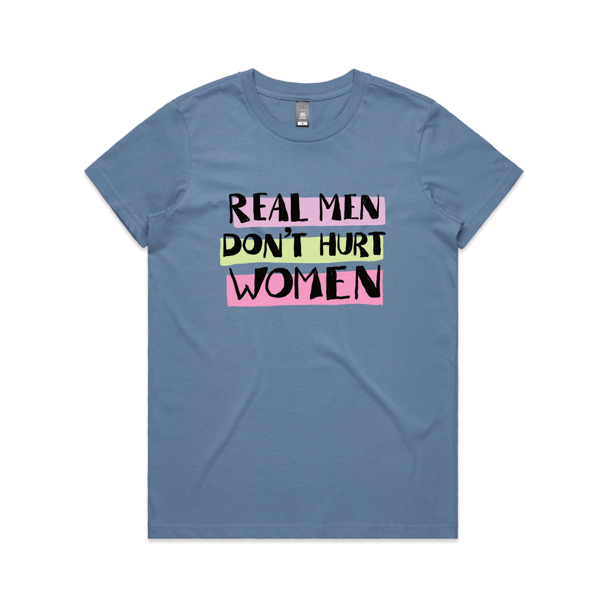 Carolina Blue fitted womens t-shirt with Real Men graphic by Lonely Kids Club