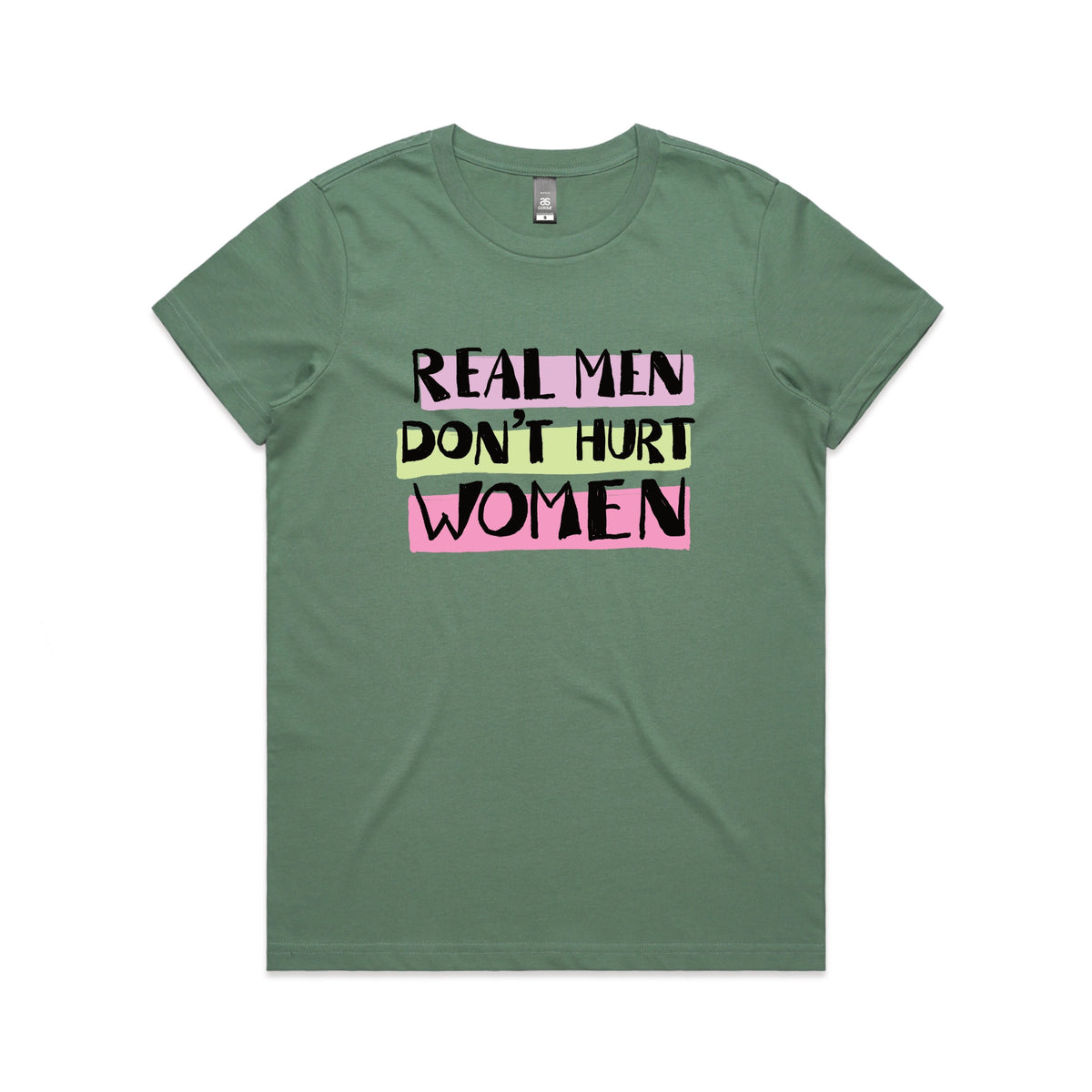 Sage fitted womens t-shirt with Real Men graphic by Lonely Kids Club