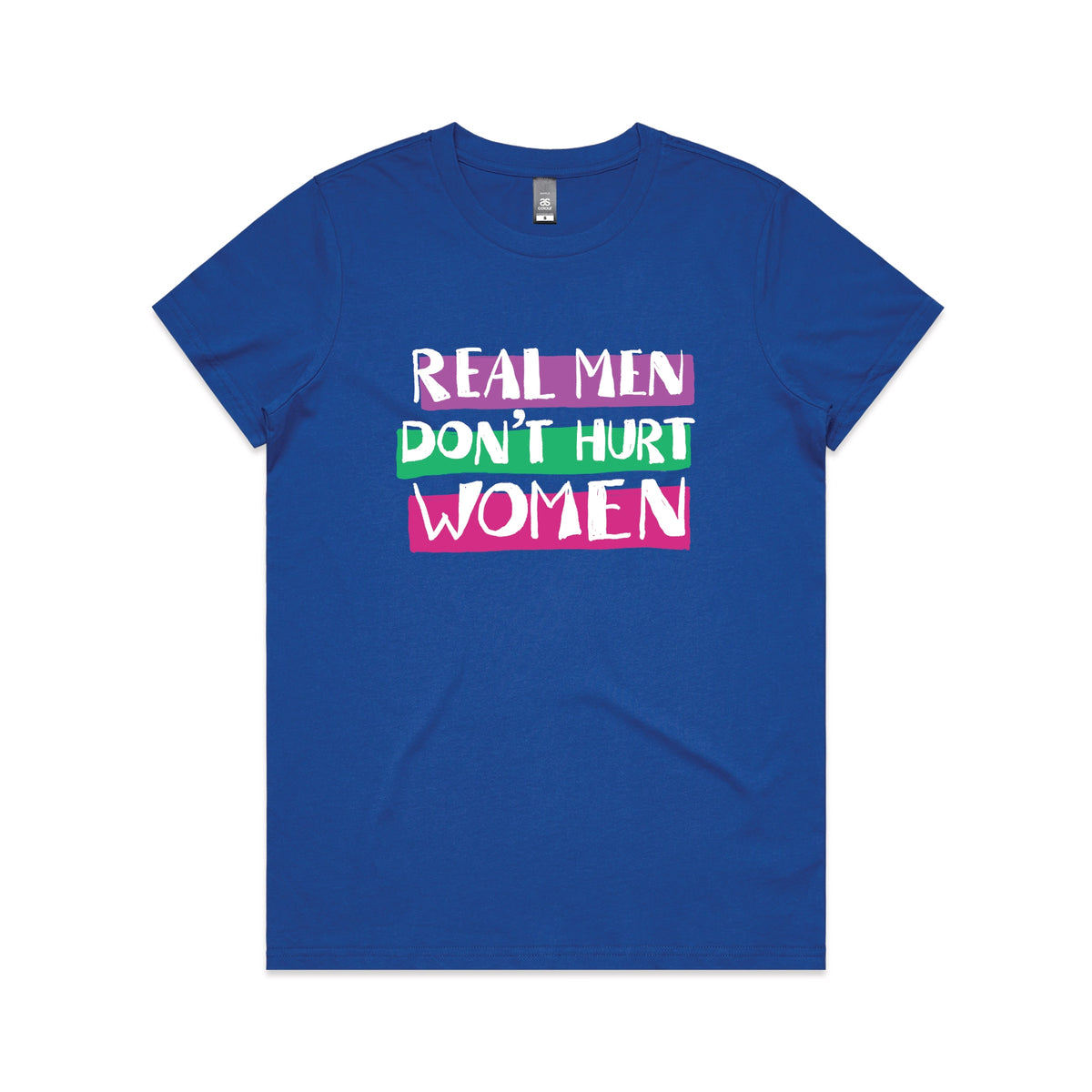 Royal Blue fitted womens t-shirt with Real Men graphic by Lonely Kids Club