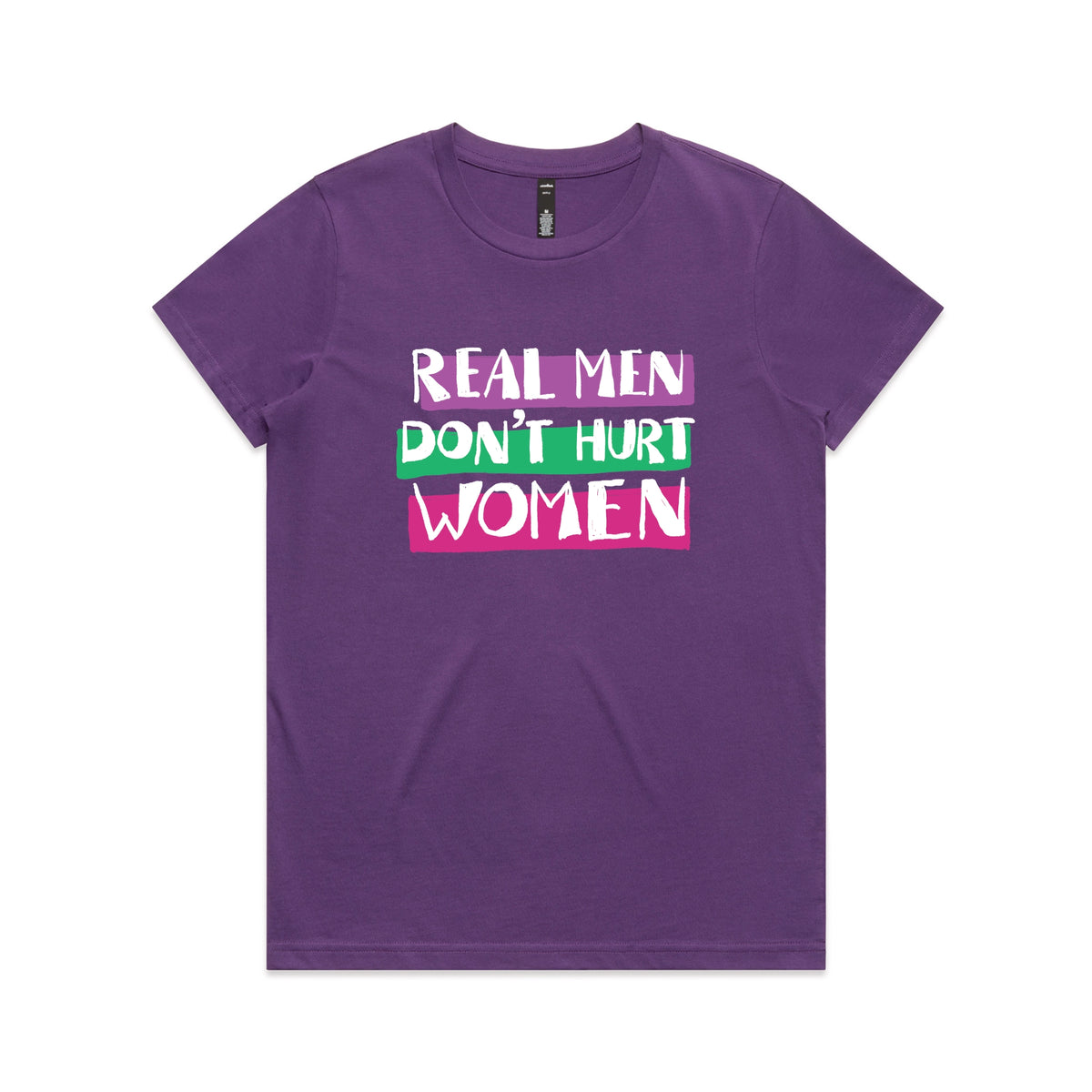 Purple fitted womens t-shirt with Real Men graphic by Lonely Kids Club