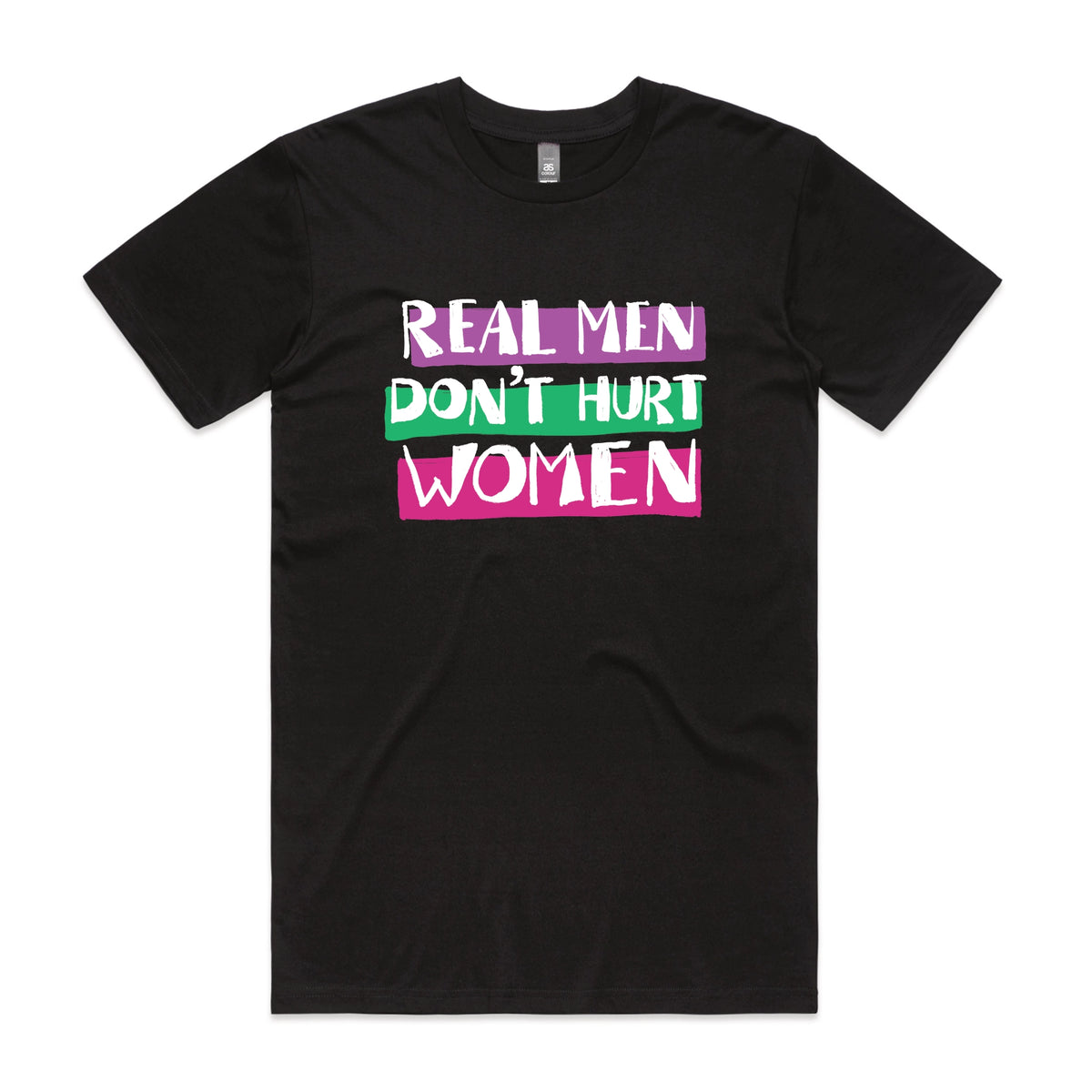 Black unisex t-shirt with Real Men graphic by Lonely Kids Club