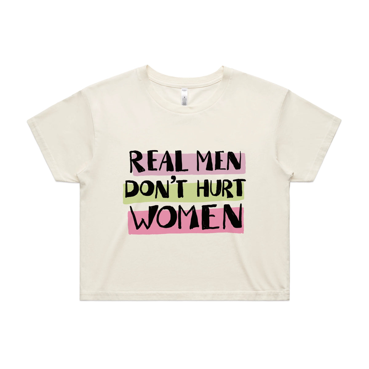 Ecru crop top with Real Men graphic by Lonely Kids Club