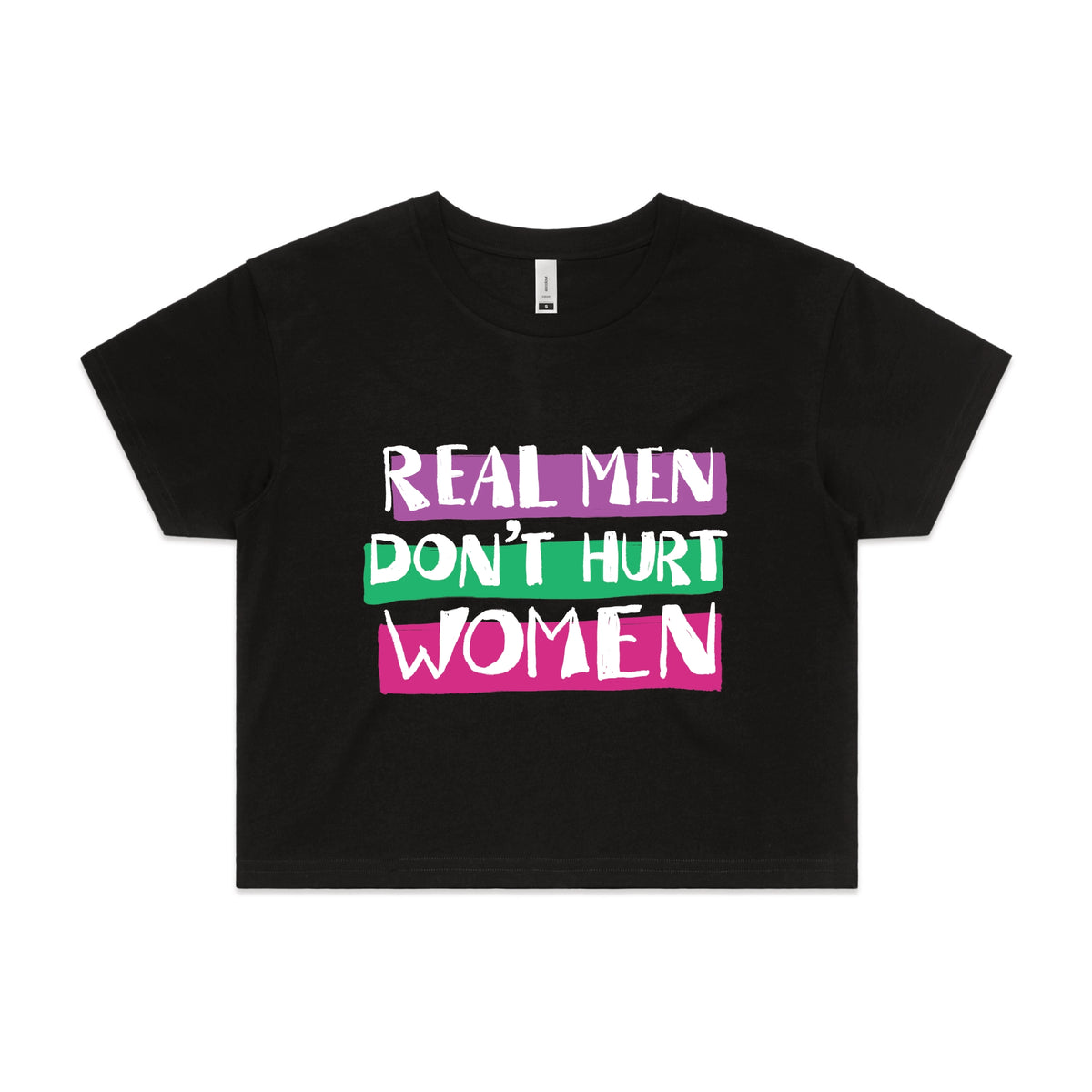 Black crop top with Real Men graphic by Lonely Kids Club