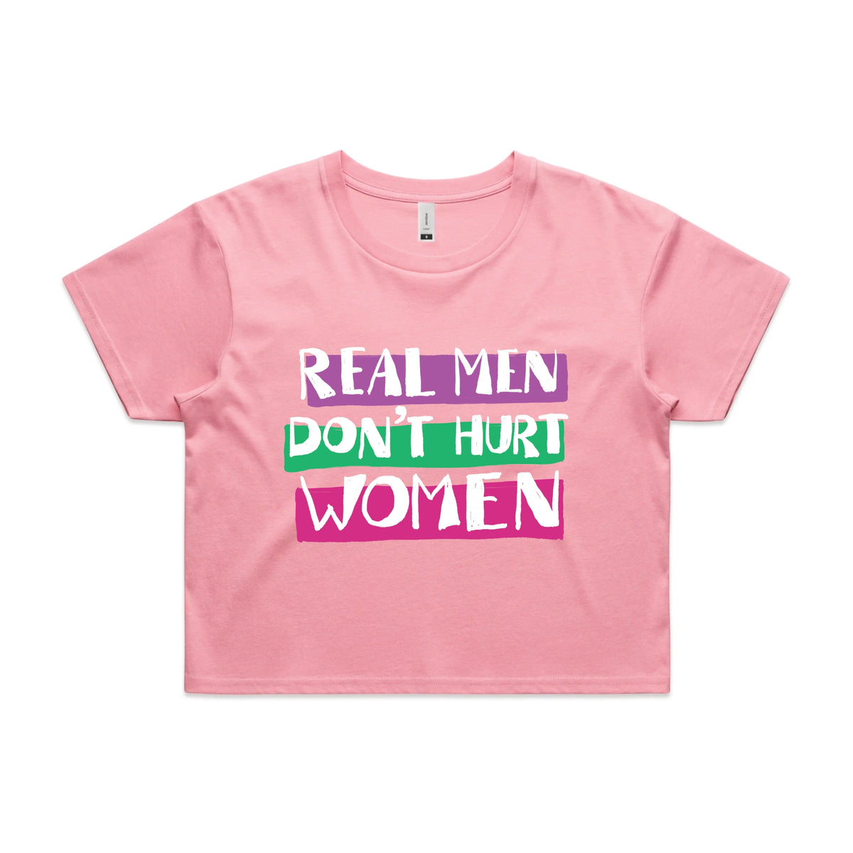 Bubblegum crop top with Real Men graphic by Lonely Kids Club