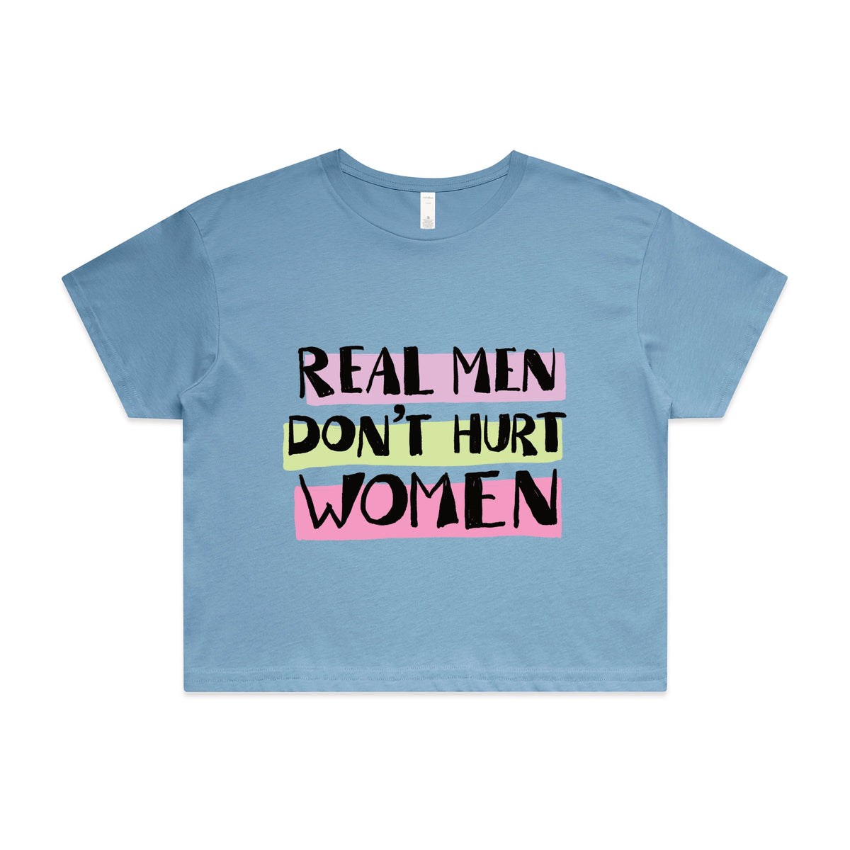Carolina Blue crop top with Real Men graphic by Lonely Kids Club