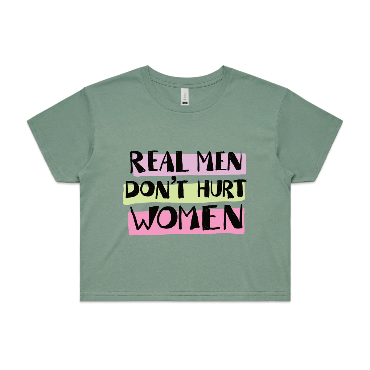 Sage crop top with Real Men graphic by Lonely Kids Club