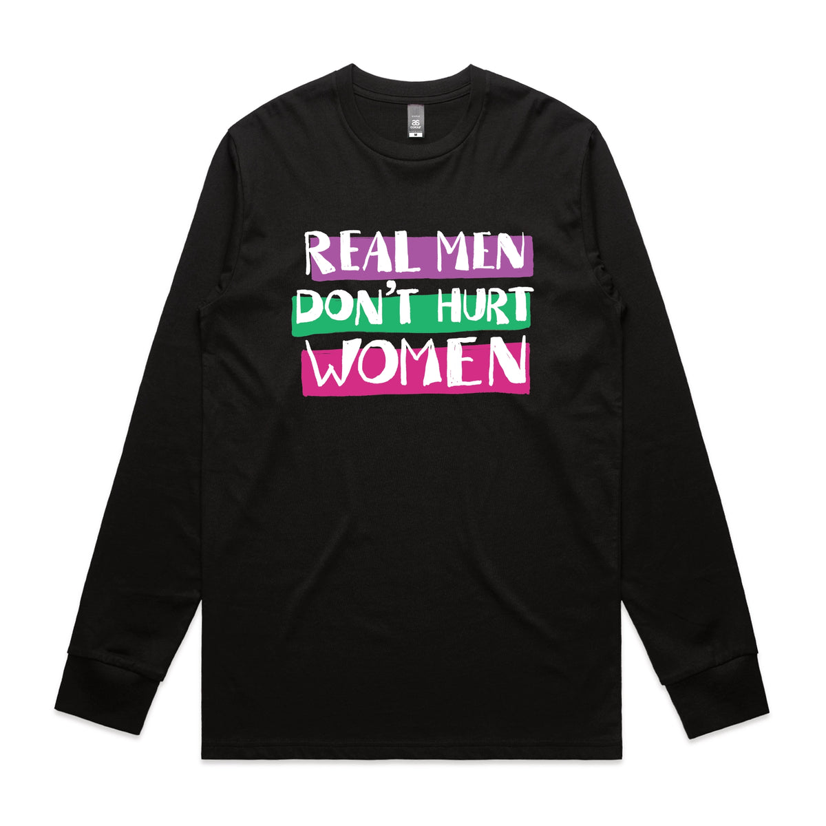 Black long sleeve t-shirt with Real Men graphic by Lonely Kids Club
