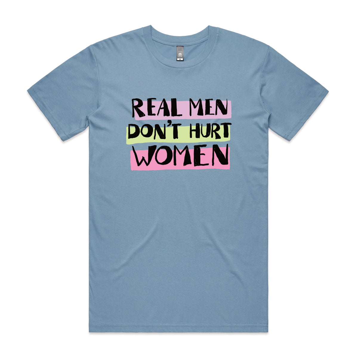 Carolina Blue unisex t-shirt with Real Men graphic by Lonely Kids Club
