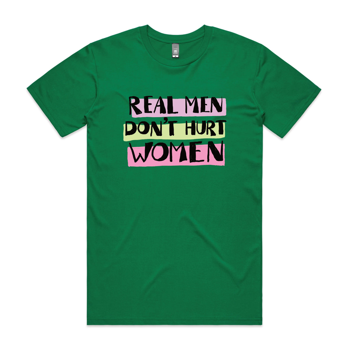Green unisex t-shirt with Real Men graphic by Lonely Kids Club