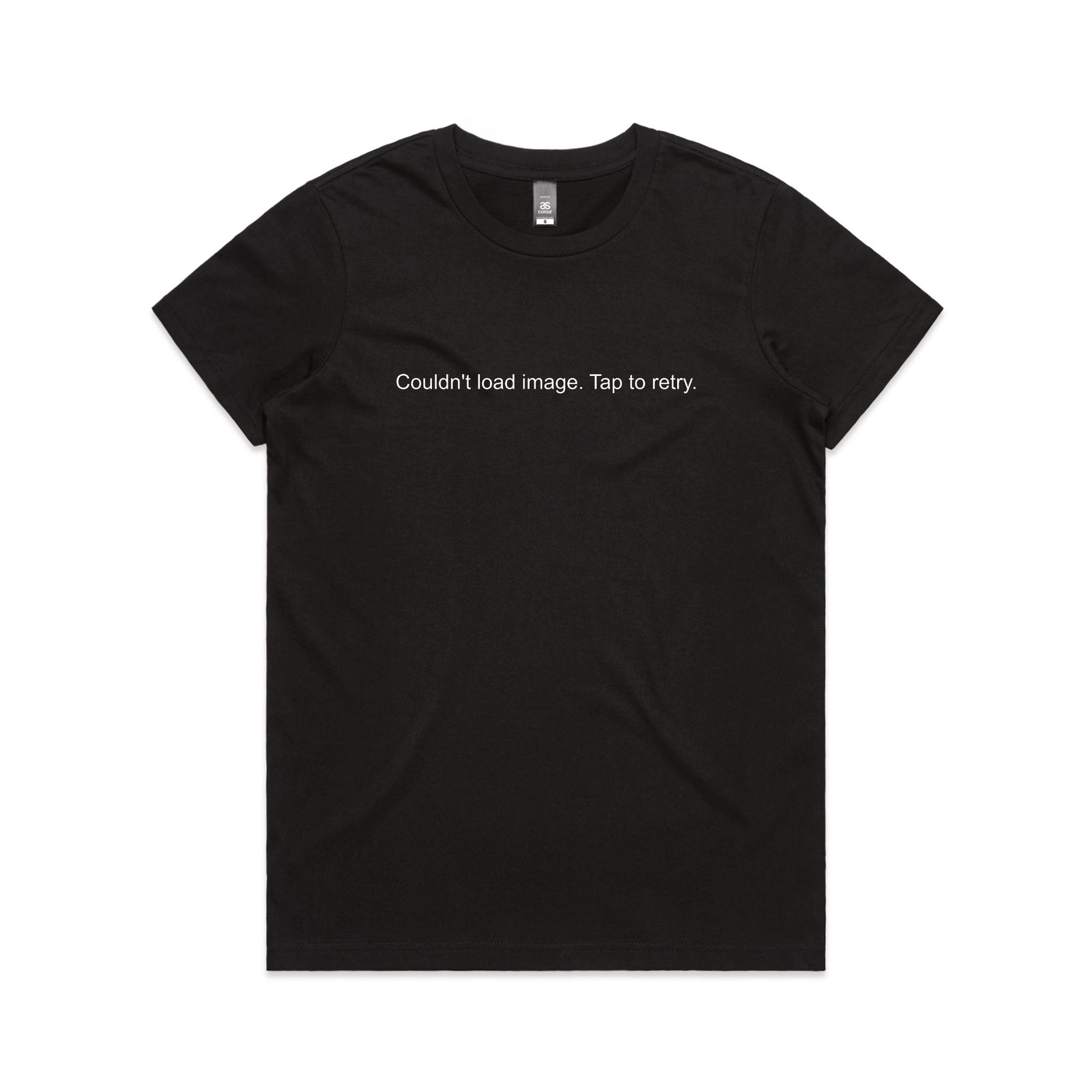 Black fitted womens t-shirt with Tap To Retry graphic by Lonely Kids Club