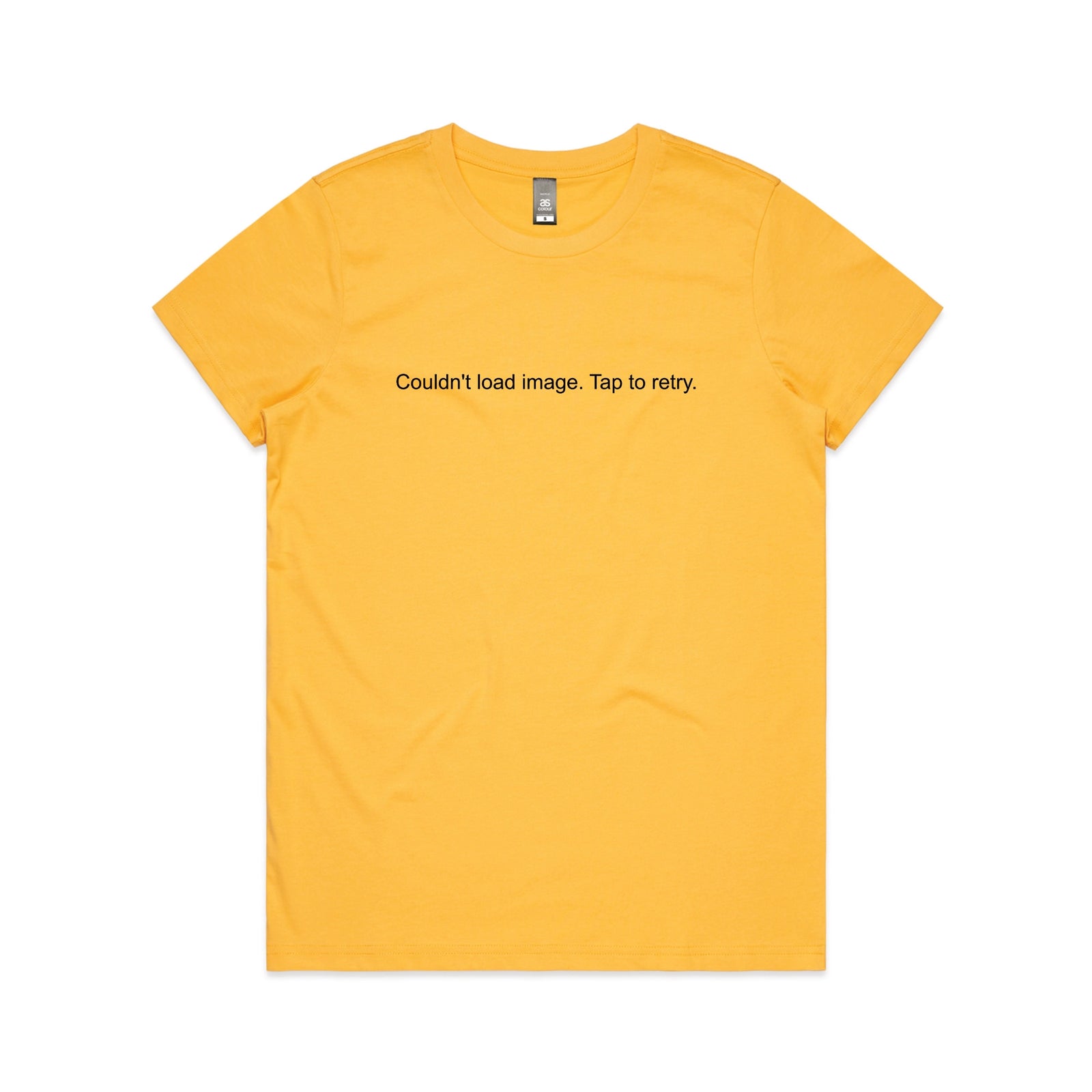 Yellow fitted womens t-shirt with Tap To Retry graphic by Lonely Kids Club