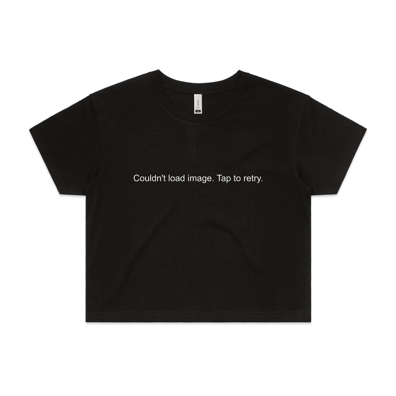 Black crop top with Tap To Retry graphic by Lonely Kids Club