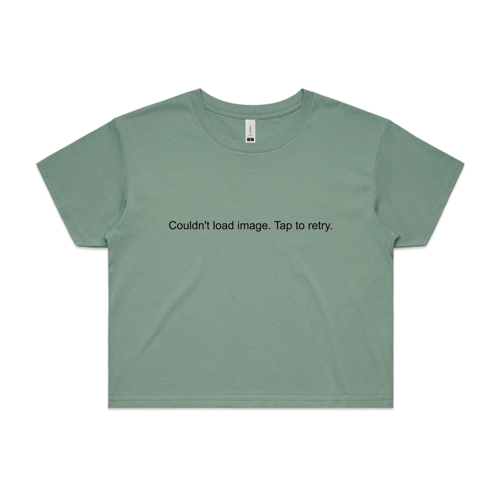 Sage crop top with Tap To Retry graphic by Lonely Kids Club