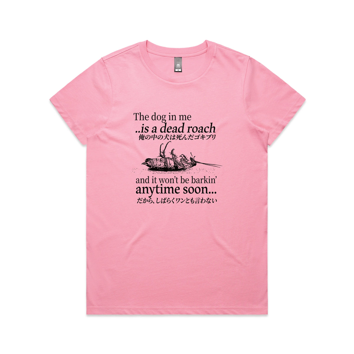 Bubblegum fitted womens t-shirt with Dead Roach graphic by Lonely Kids Club