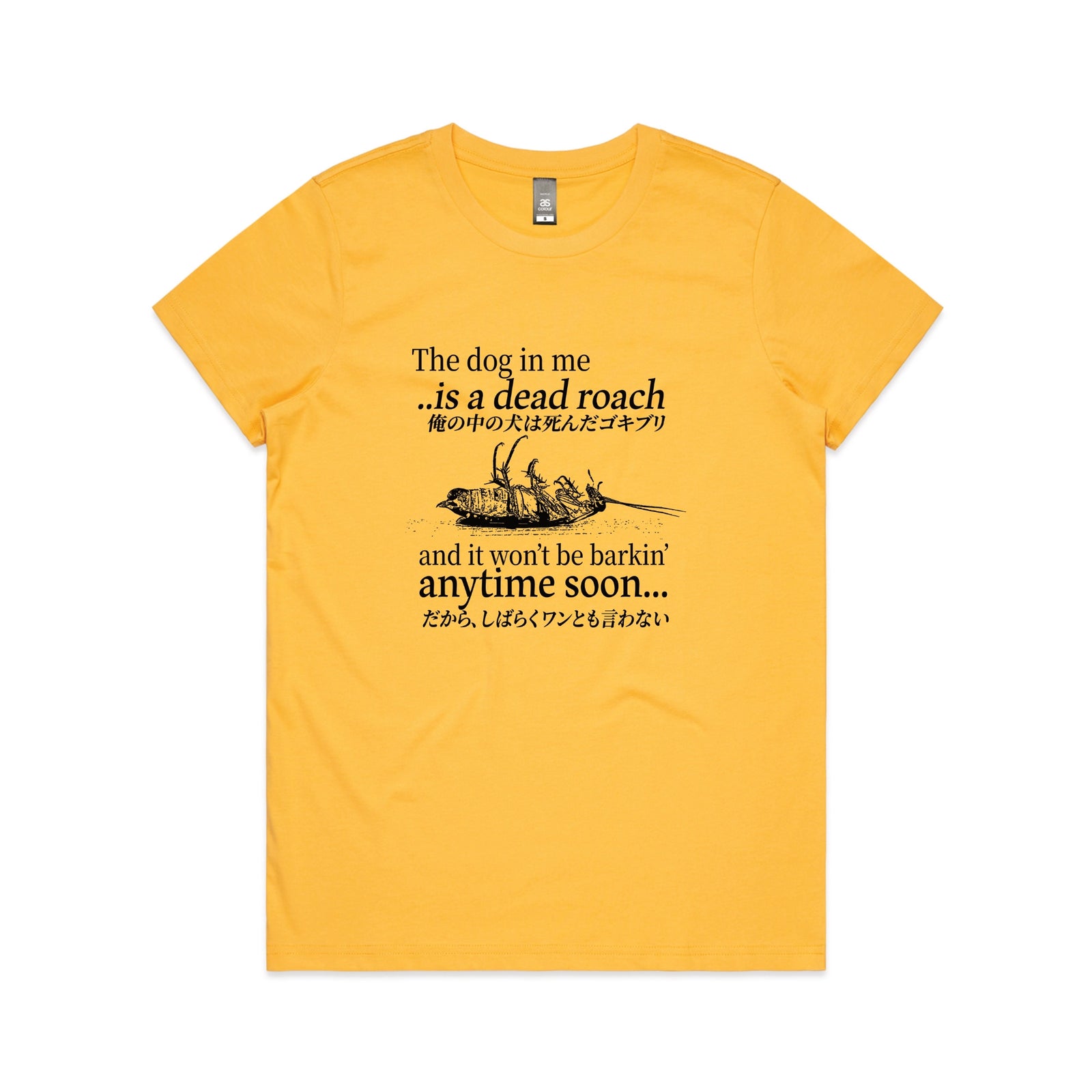 Yellow fitted womens t-shirt with Dead Roach graphic by Lonely Kids Club