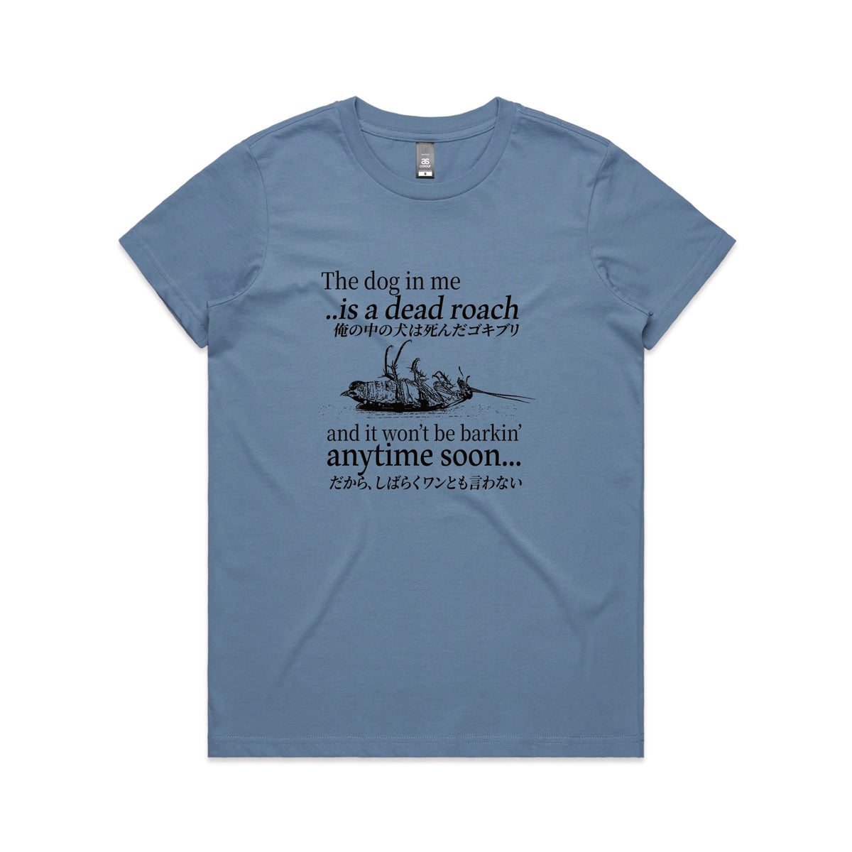 Carolina Blue fitted womens t-shirt with Dead Roach graphic by Lonely Kids Club