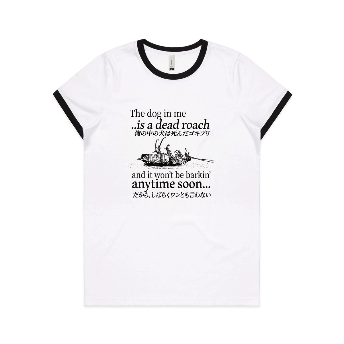 Black/White Ringer fitted womens t-shirt with Dead Roach graphic by Lonely Kids Club