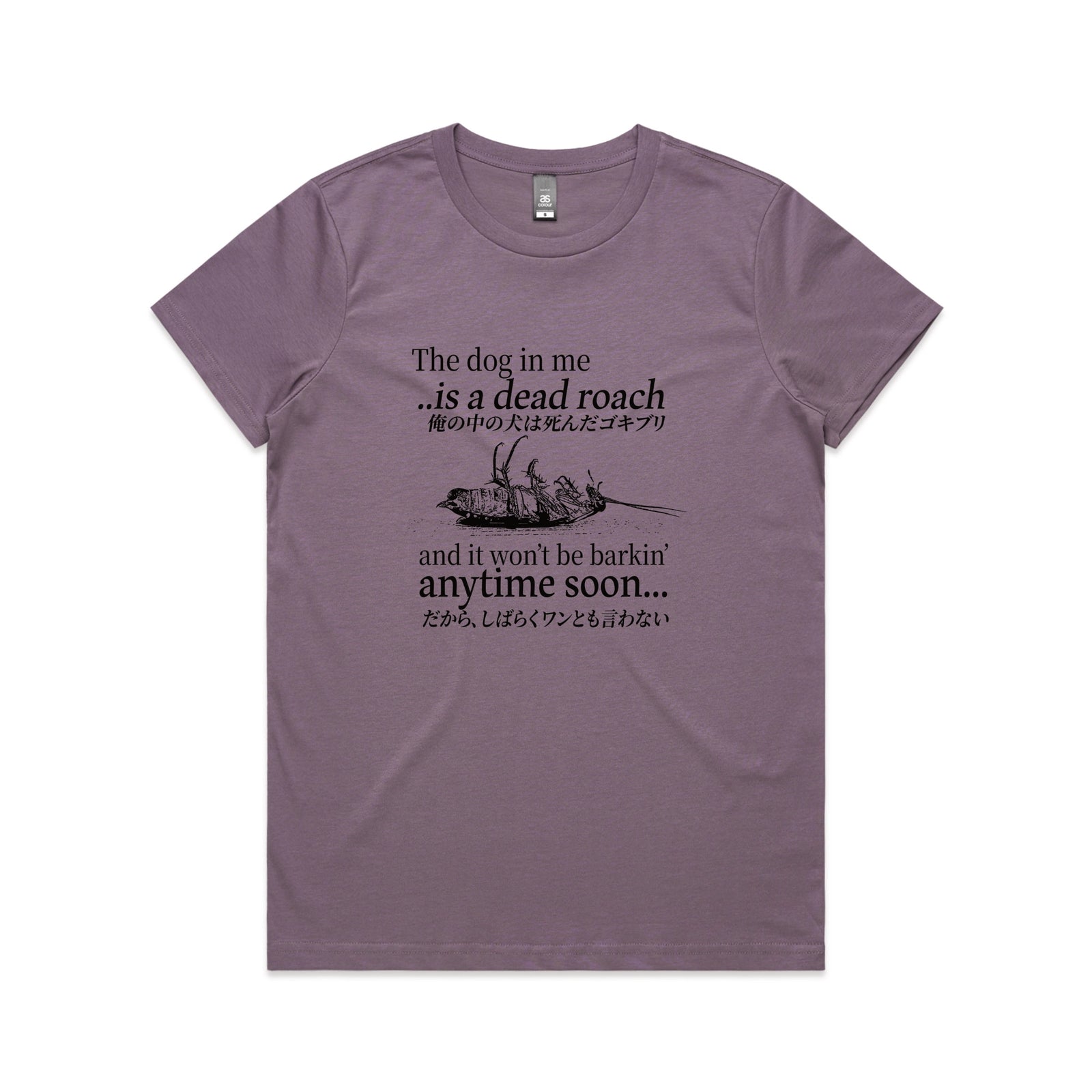 Mauve fitted womens t-shirt with Dead Roach graphic by Lonely Kids Club