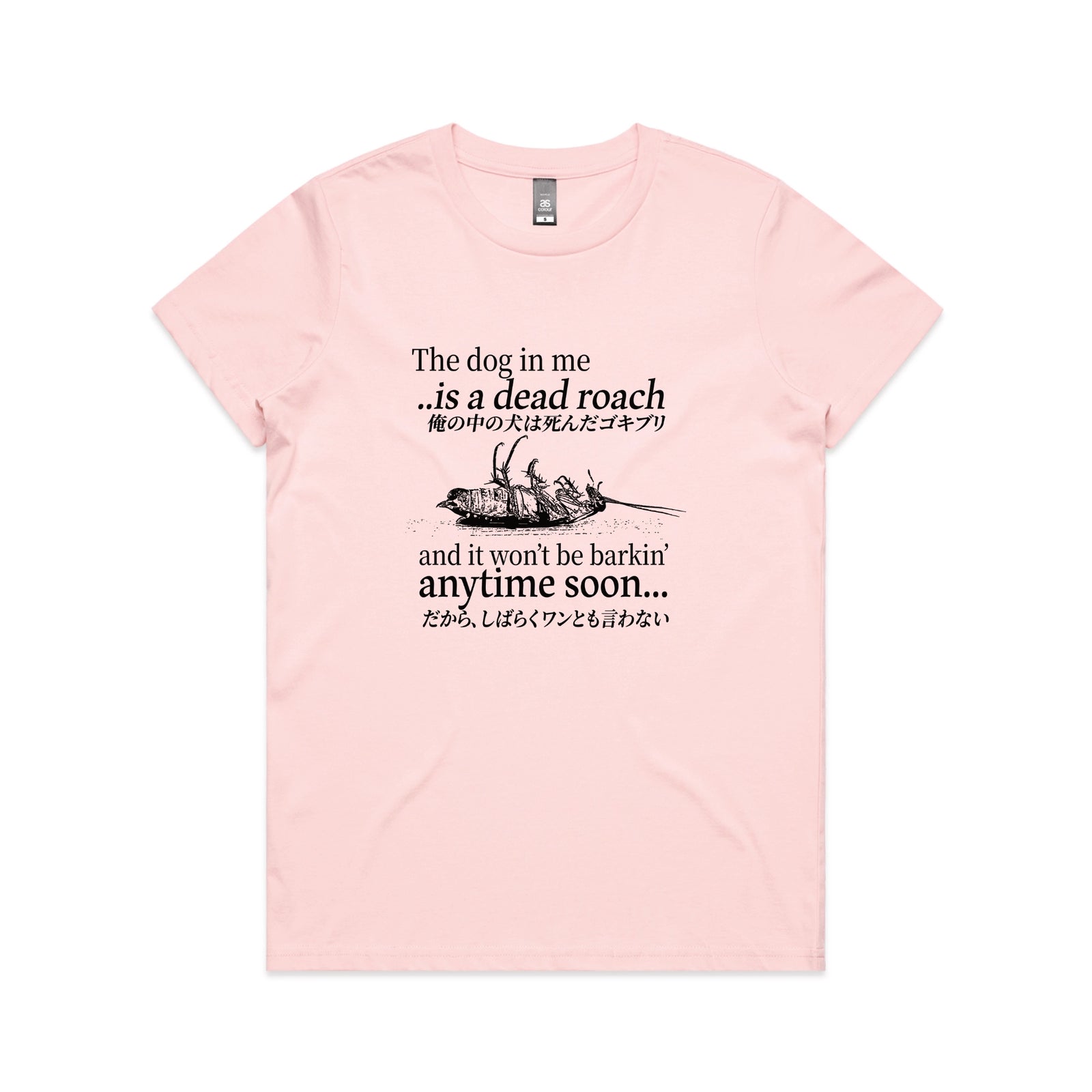 Pink fitted womens t-shirt with Dead Roach graphic by Lonely Kids Club